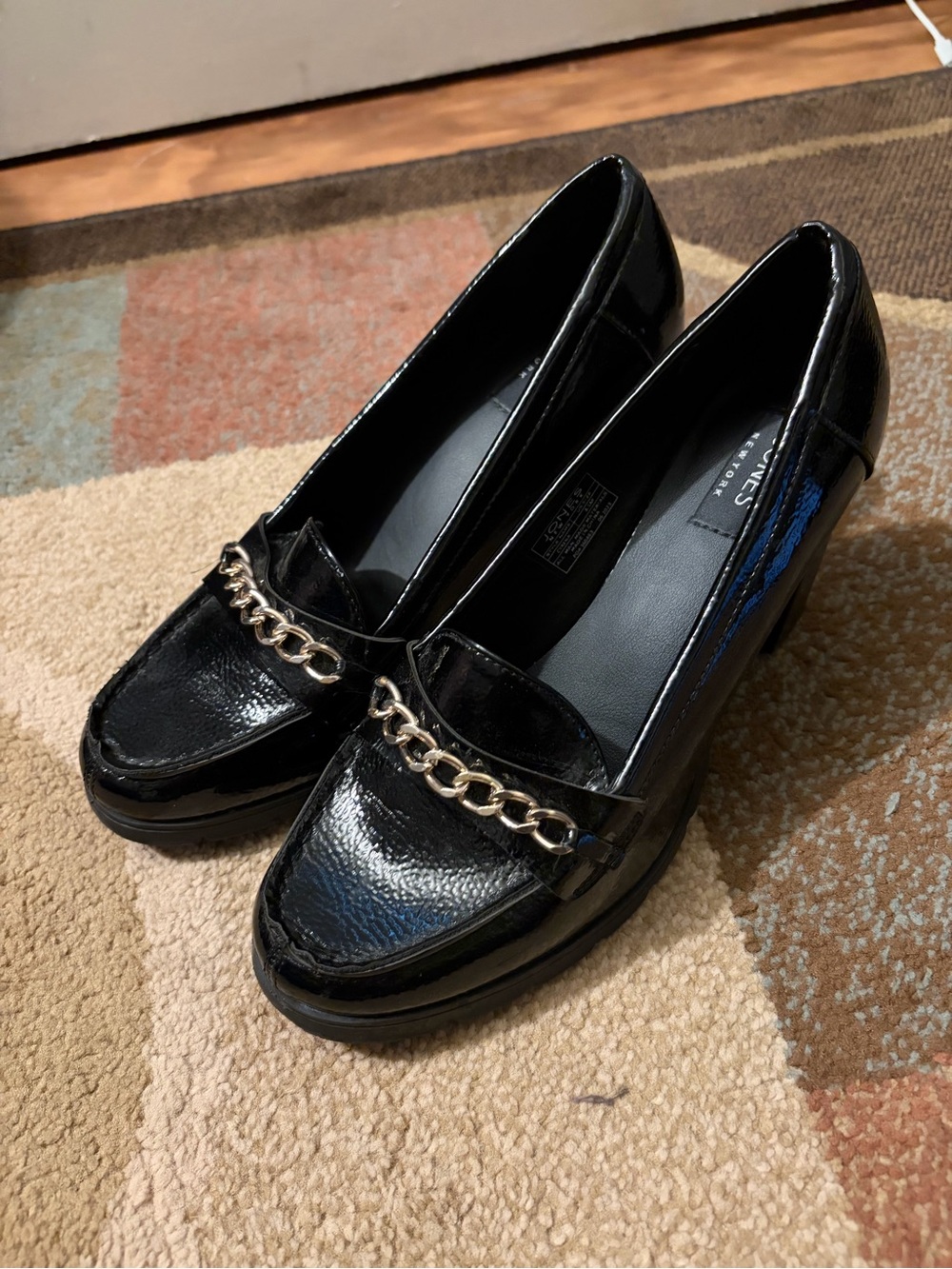 Jones New York Black Patent Loafers with Gold Chain
